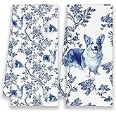 Xmsaitar Dog Corgi Chinoiserie Kitchen Towels Set of 2, Blue and White Floral Cute Hand Bathroom Towels Gifts for Dog Lovers, Porcelain Rustic Botanical Tea Dish Towel Decor for Dining Room 16x24in