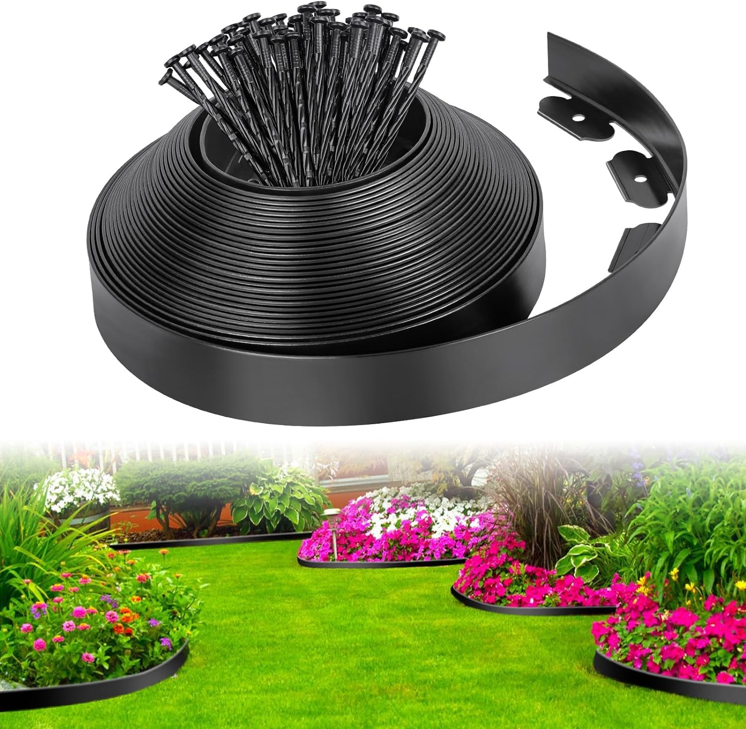 LATERN Flexible Lawn Edging Border, 5M x 5CM Plastic Garden Edging No Dig Grass Lawn Edging Fence with 15Pcs Strong Securing Pegs for Garden Border, Flower Bed, Yard Pathway and DIY Landscaping