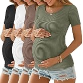 Oakgarden 4 Pack Women's Maternity Shirts, 4-Color, X-Large | Ribbed Knit, Pregnancy, Short Sleeve Tops, Crew Neck, Tunic Tees, Casual, Summer Clothes