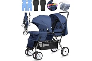 OVERTANG Double Stroller for Infant Toddler, Foldable Double Baby Stroller with Tandem Seating and Adjustable Backrest - Extra Gift Toys/Mosquito Net/Sleeping Mats/ 2 Cotton Pads/ 2 Hooks (Blue)