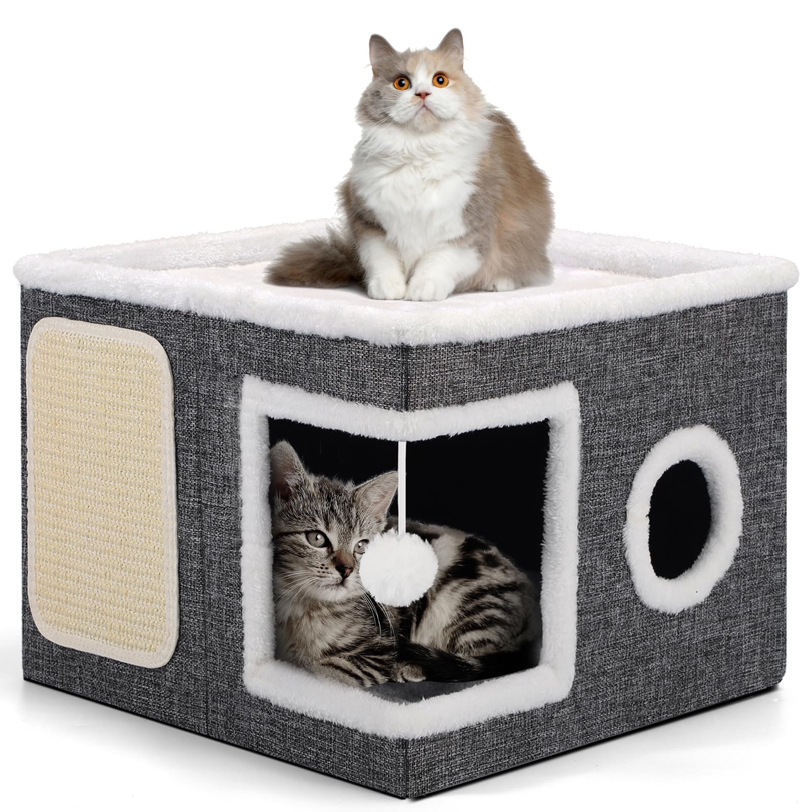 Shikha Cat House for Indoor Pets, 2 Layer Large Cat Cave with Scratch Board and Fluffy Ball, 43L x 43B x 32H cm, Foldable Large Cat-Bed, Kitten Hideaway With Double-Sided Soft Cushions for All Seasons