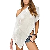 SeeLuNa Women Cover Up One Shoulder Knit Asymmetric Shrug Pullover Sweater Trendy Beach Vacation Sheer Poncho Mesh Blouse(White,M)