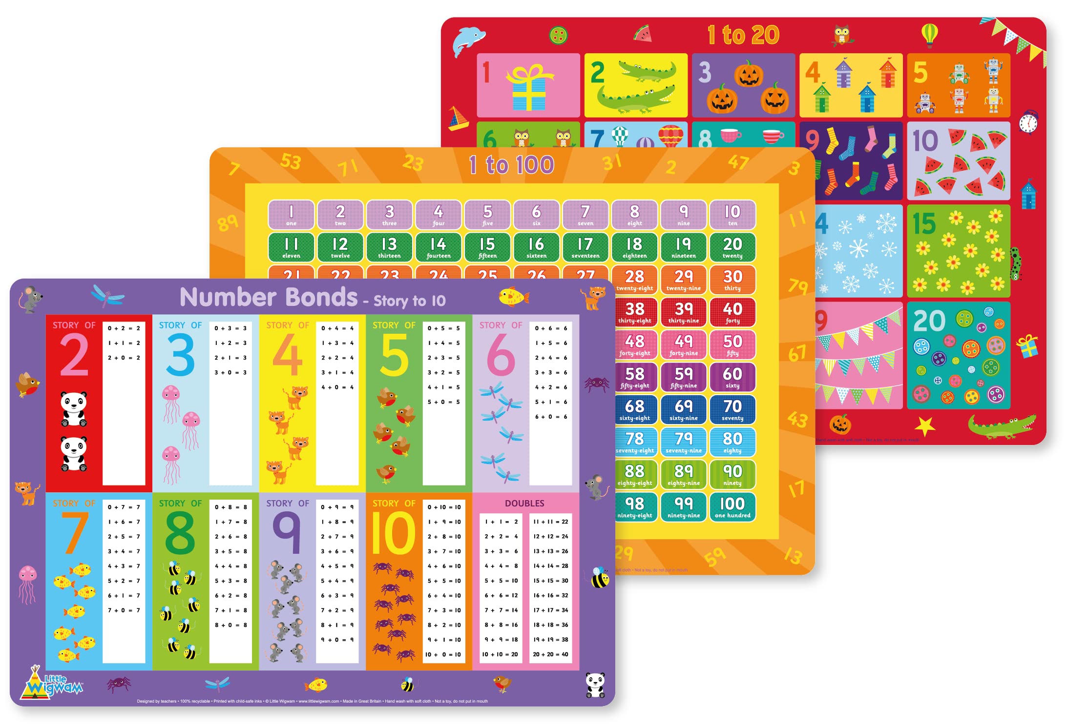 Little Wigwam Numeracy 1 Placemat Pack - Set of 3 Educational Placemats - 1 to 20, 1 to 100, Number Bonds Story to 10