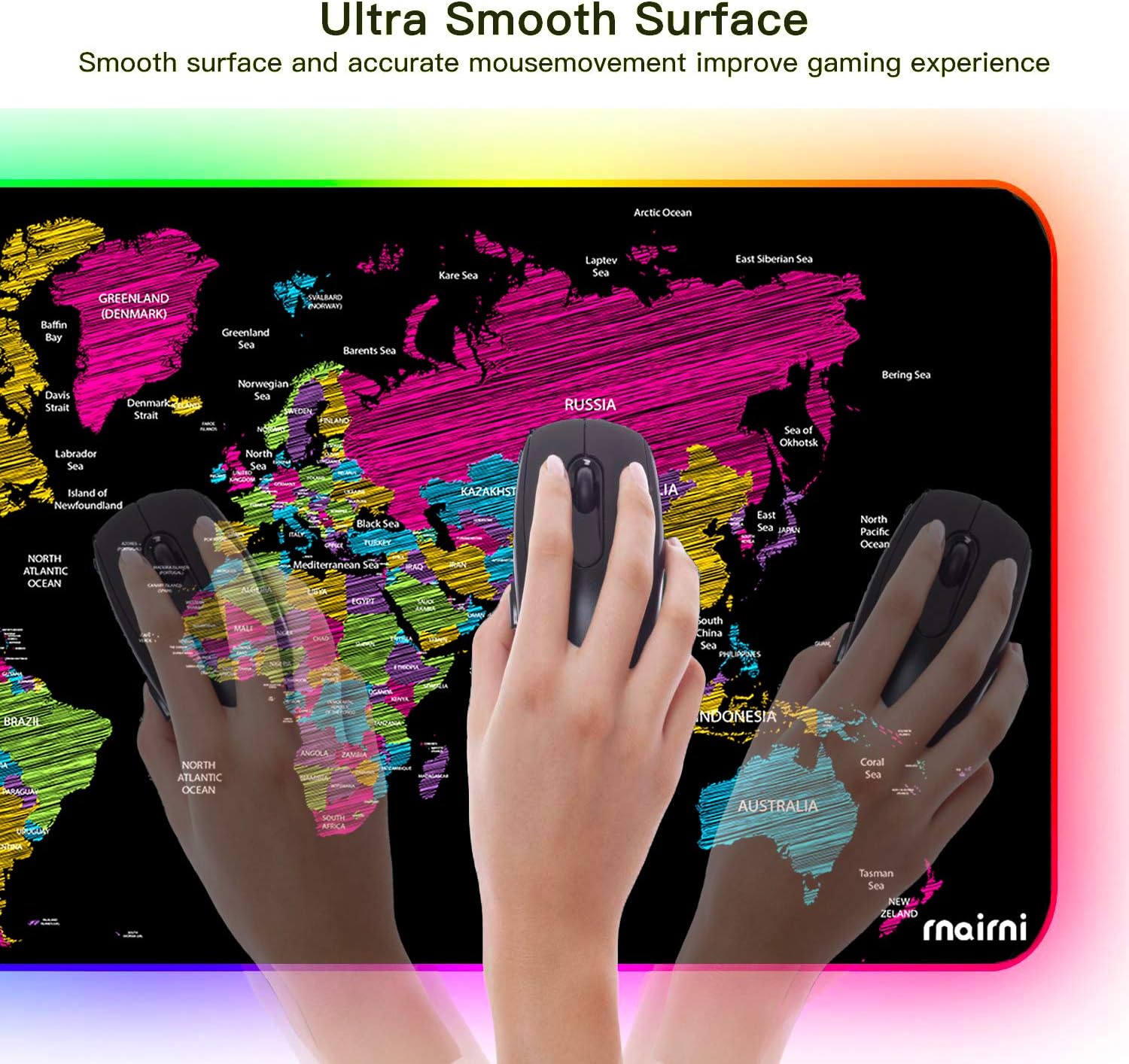 Extended RGB Mouse Pad Mat, rnairni Large Office Table Desk Mat Gaming Lighting Led Mousepad for PC Computer MacBook Keyboard Waterproof Anti-Slip Ultra Thin 4mm - 31.5'' x 15.7' (Black Map) : Office Products