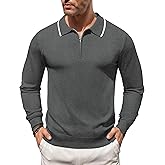 COOFANDY Men's Knit Polo Shirt Long Sleeve Quarter Zip Polo Sweater Casual Golf Shirts Vintage Striped Collar Polo