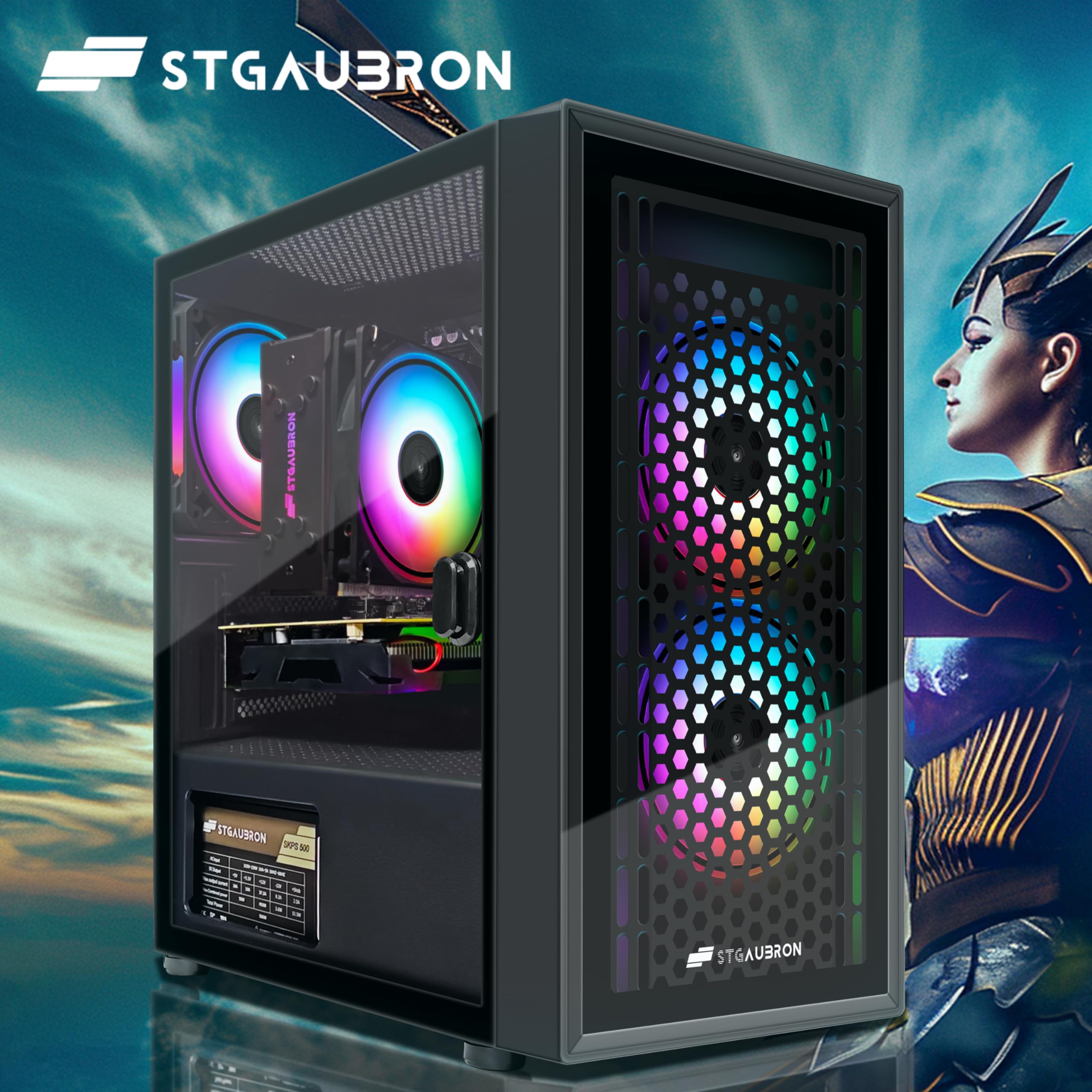STGAubron Gaming PC Computer Desktop, Intel i7 Xeon E5, Radeon RX 550 4G, 16GB RAM, 512GB SSD, WiFi, BT 5.0, RGB Fan x3, Windows 11 Home, Gaming Computer Tower for Gamer,Streaming