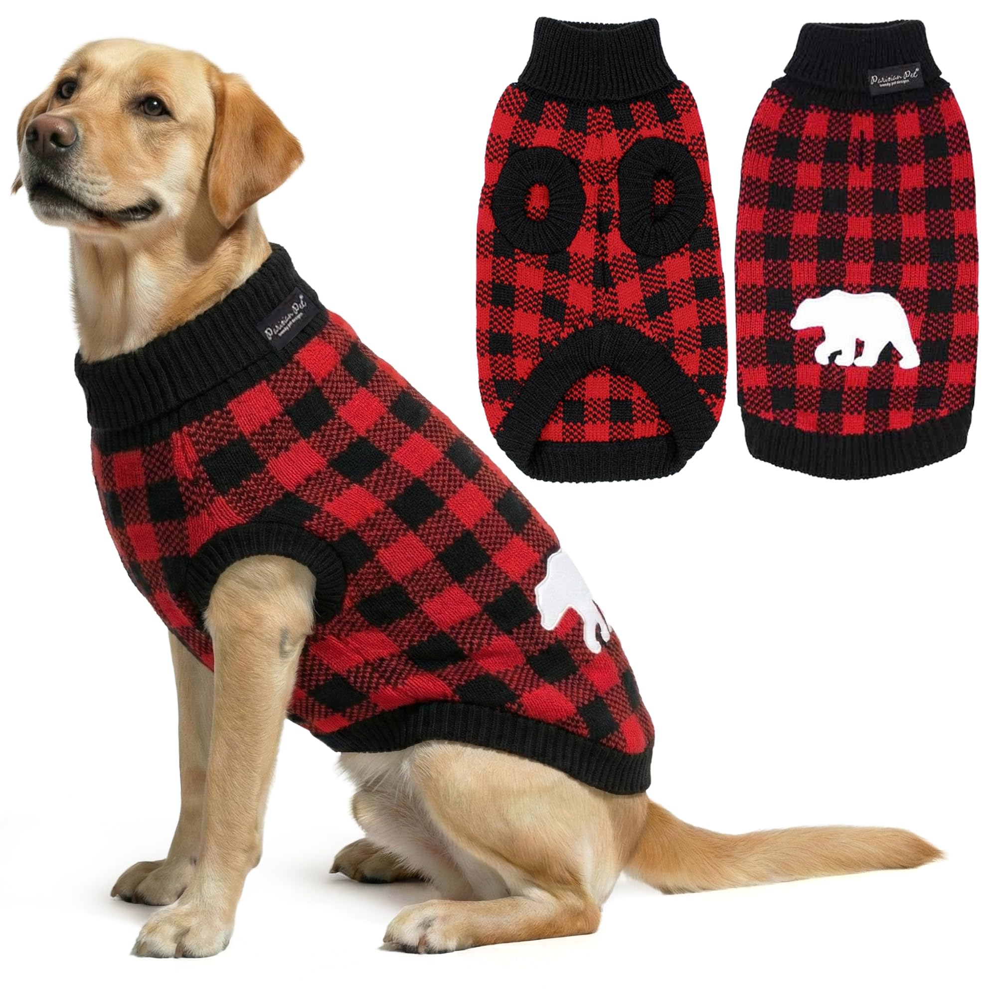 Parisian Pet - Turtleneck Sweater for Dogs - Red Checkered Plaid Knit Pullover - Size 2XL