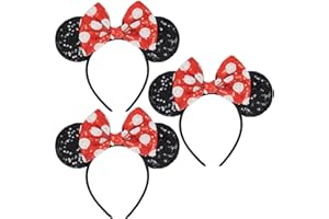 LIHELEI Minnie Ears Mouse Ears Headband with Sequin Bows, Headbands for Man Halloween Costume, Headwear Hair Accessories for Women - 3 pack red&black