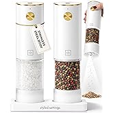 Styled Settings Rechargeable White Electric Salt and Pepper Grinder Set | Automatic Salt and Pepper Shaker Set with USB-C Port, LED Light, Adjustable Coarseness, One Touch Control, Stainless Steel