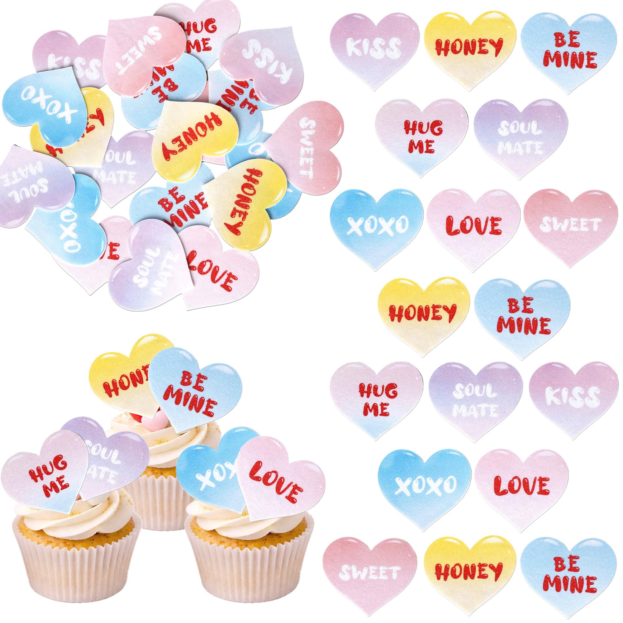 SYKYCTCY 64 Pack Edible Happy Valentine's Day Cupcake Toppers Wafer Paper Sweet Love Be Mine Kiss Me Heart Heart XoXo Cupcake Picks Decoration for Valentine's Day Theme Party Cake Decorations Supplies