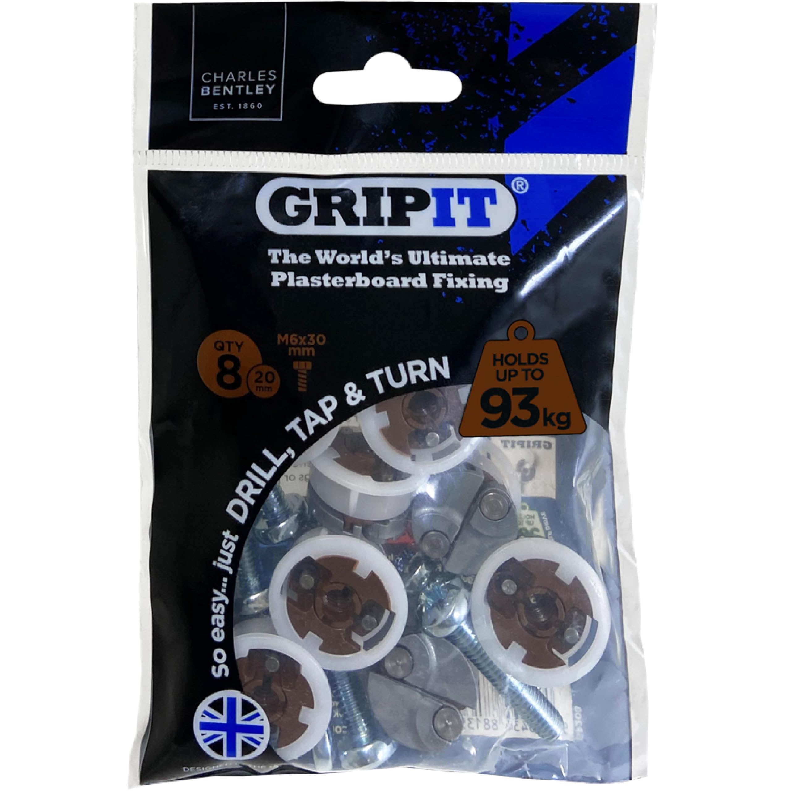 Gripit Brown Plasterboard Fixings - Pack of 8 - Heavy Duty Stud Wall fixings - Plasterboard Anchors - Ideal for Radiators, AV Equipment and Lighting - Easy Install - Holds Up to 93kg - UK Designed