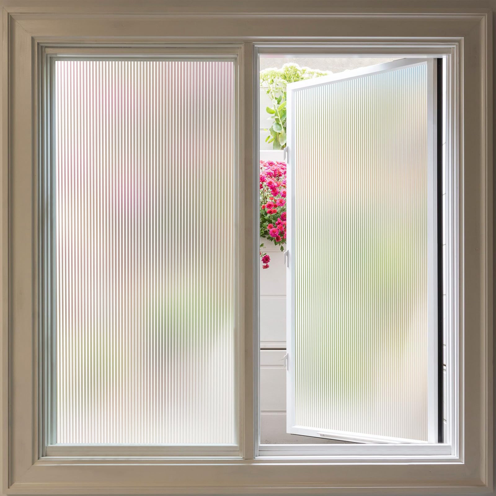 Photo 1 of Windimiley Window Privacy Film Reeded Glass Window Clings Frosting Fluted Glass Window Stickers Frosted Bathroom Static Cling Heat UV Blocking Window Tint Decorative Window Coverings, 17.5x78.7 Inch