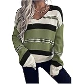 Verdusa Women's V Neck Striped Sweater Cozy Color Block Off The Shoulder Pullover Sweaters