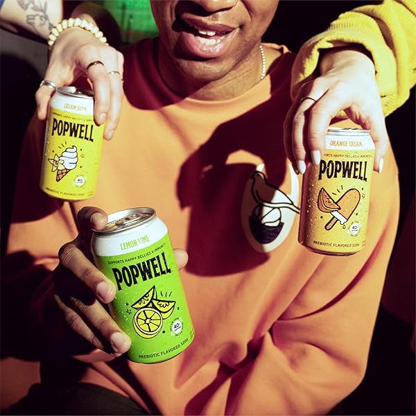 POPWELL CAFFEINATED VARIETY PACK BETTER-FOR-YOU PREBIOTIC SODA, WITH 6G FIBER, 1G SUGAR, VITAMINS AND IMMUNITY SUPPORT, 12 FL OZ, 12 COUNT (ORANGE CREAM, LEMON LIME, CREAM SODA)