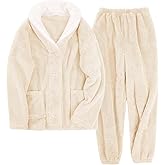 Jyanl Fluffy Pajamas Set for Women Fleece Pjs Sets Button Down Sleepwear Pullover Fuzzy Pants Winter Plush Loungewear