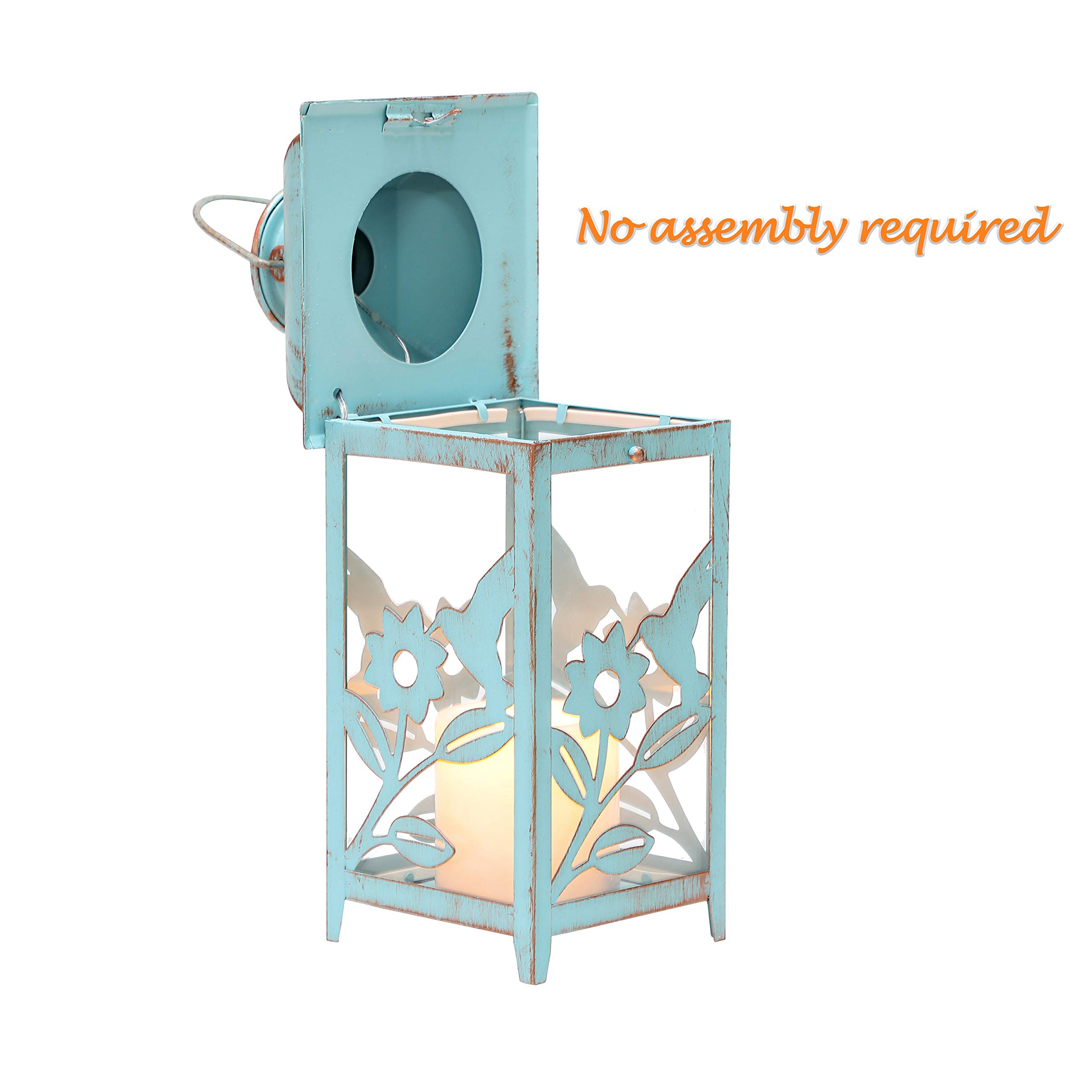Solar Lantern Outdoor Hummingbird Blue Decor Antique Metal and Glass