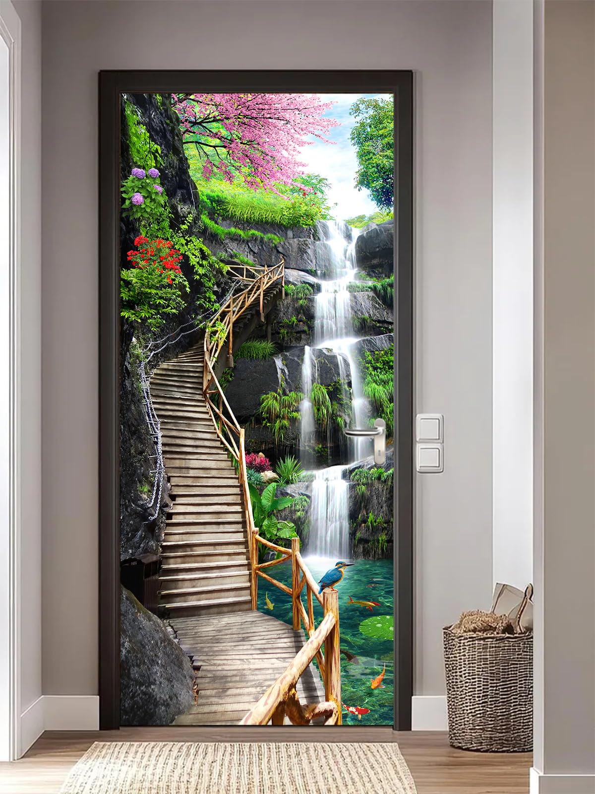 FLFK 3D Door Stickers Peel and Stick 77x200cm,Self-Adhesive Door Murals Wallpaper Poster Waterfall Trestle Bridge Decals for Home Decor(2Pcs/Set)