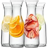 Kook Glass Carafe, Mimosa Bar Supplies, Carafe Pitchers with Lid, Glass Water Pitcher, Drink Dispensers for Parties, Tea, Wine, and Juice, Plastic Lids, Dishwasher Safe, 35 oz (set of 4)