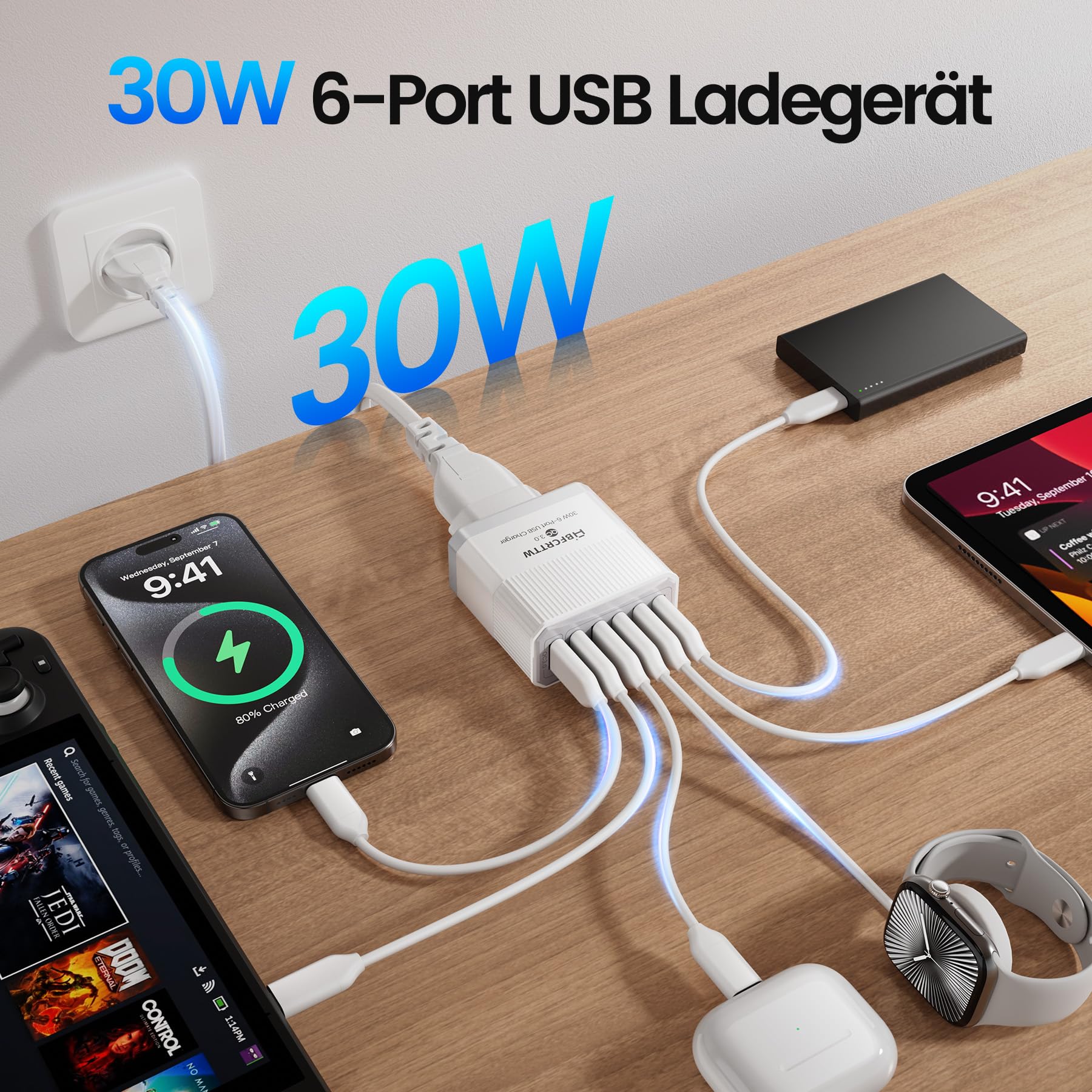 6-Port USB Ladegerät Mehrfach mit 120cm Netzkabel, 30W Steckdosenleiste mit USB, QC 3.0 Ladegerät Adapter für iPhone 16 15 14 13 12 11 Pro Max, iPad, Phone Steckdose Charger Netzstecker 2