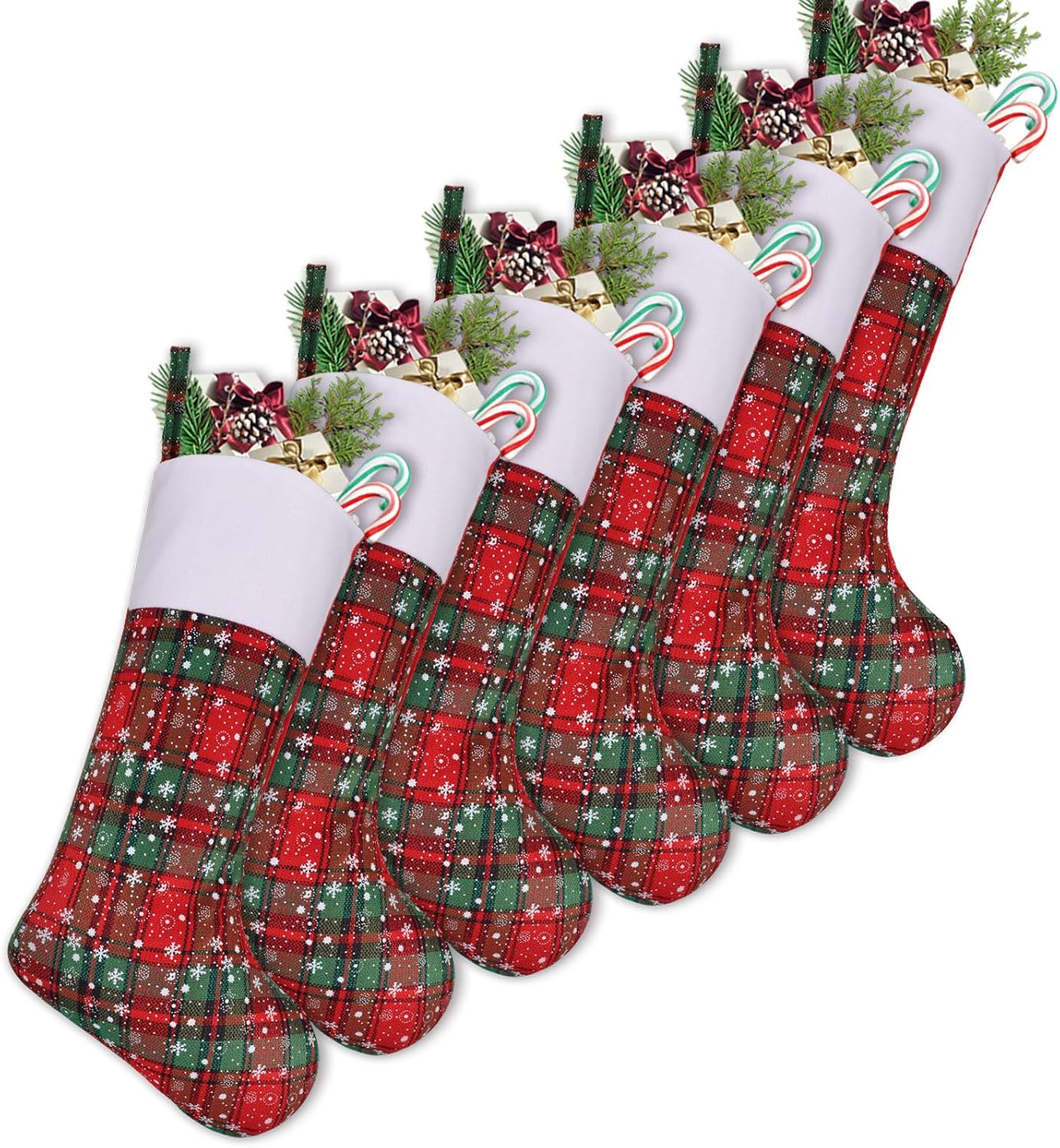 Stockings & Holders - LimBridge Christmas Stockings, 6 Pack 18 inches Plaid Snowflake Print Christmas Stockings, Xmas Holiday Home Decorations