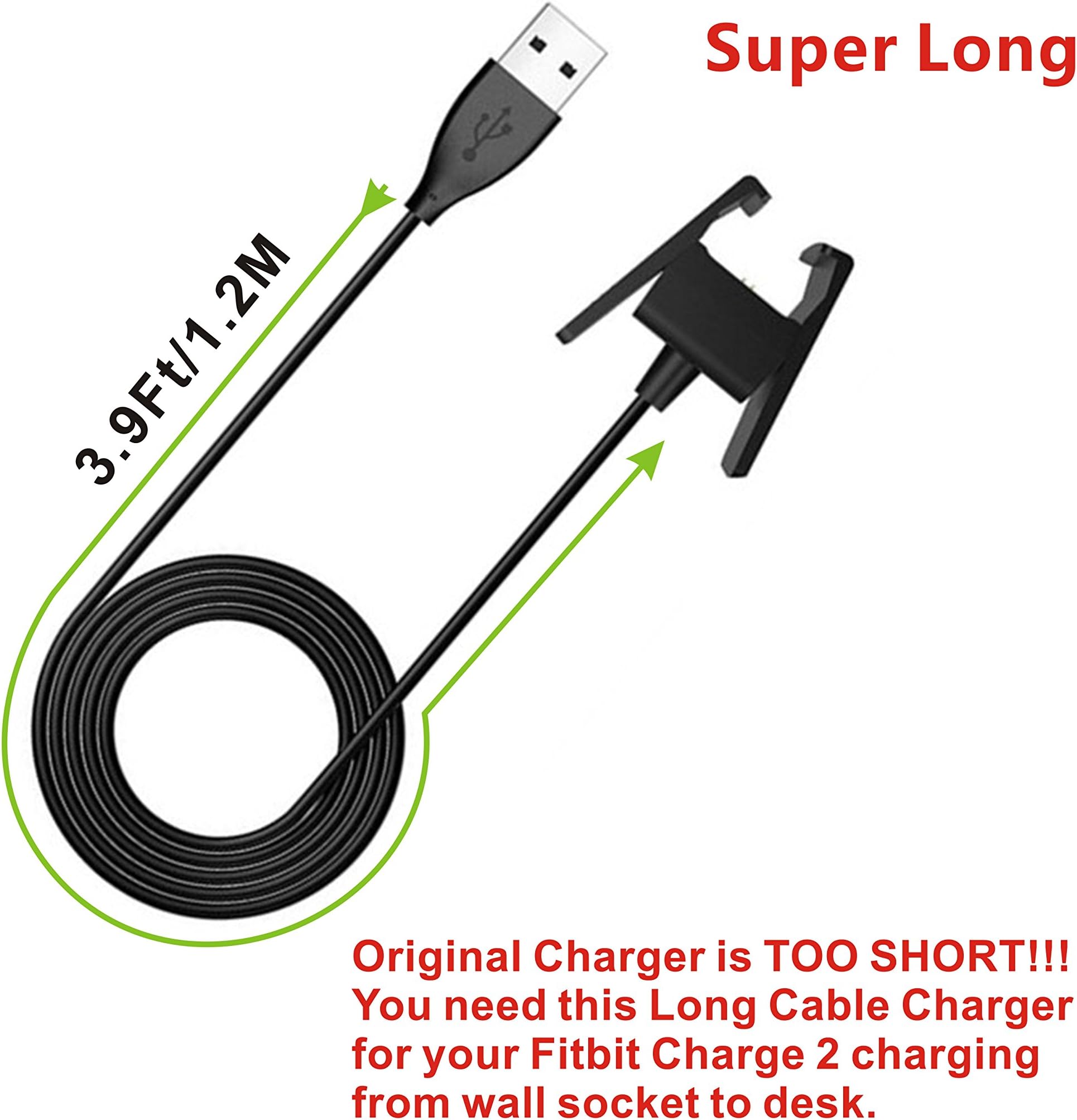 Fitbit Charge 2 Cable Charger, Midenso Supper Long cable 3.9ft/1.2m Replacement USB Charger Charging Cable Cradle Dock Adapter for Fitbit Charge 2 Heart Rate Fitness Wristband Smart Watch, Black