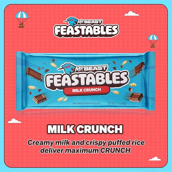 MRBEAST FEASTABLES MILK CHOCOLATE CRUNCH BAR, KING SIZE, 10 COUNT, CRISPY RICE CHOCOLATE CANDY, FAIRTRADE COCOA, 2.1OZ EACH