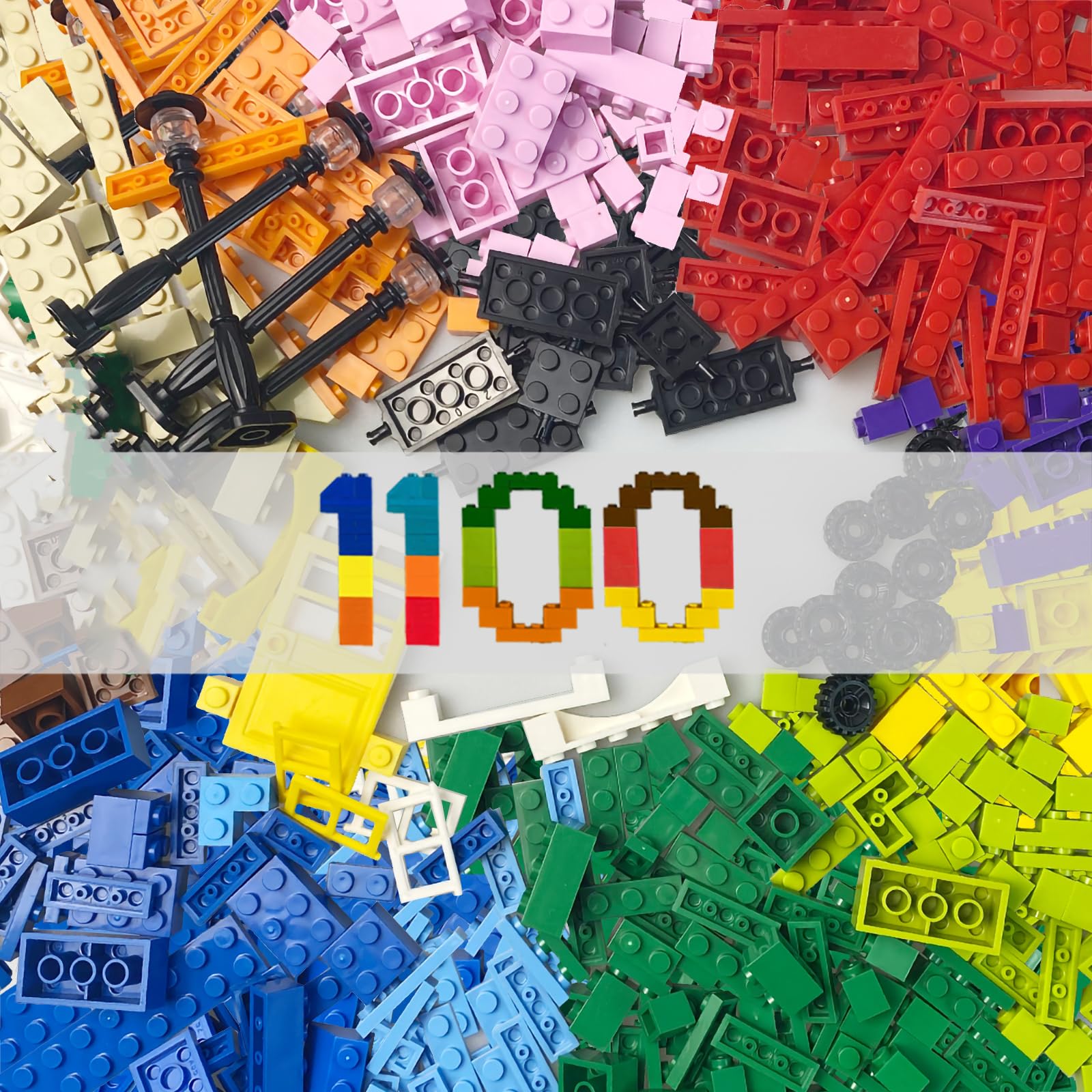 Photo 1 of 1100 Pieces Building Blocks, Compatible with All Major Brands, Classic Bulk Blocks, Includes Wheels, Door, Window, Street Lights