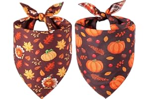 Doncida Thanksgiving Dog Bandanas 2 Pack, 4 Pattern Reversible Triangle Give Thanks Pumpkins Fall Grid Pattern Scarf for Medium and Large Dogs, Premium Durable Fabric for Boy and Girl Pets (Large)