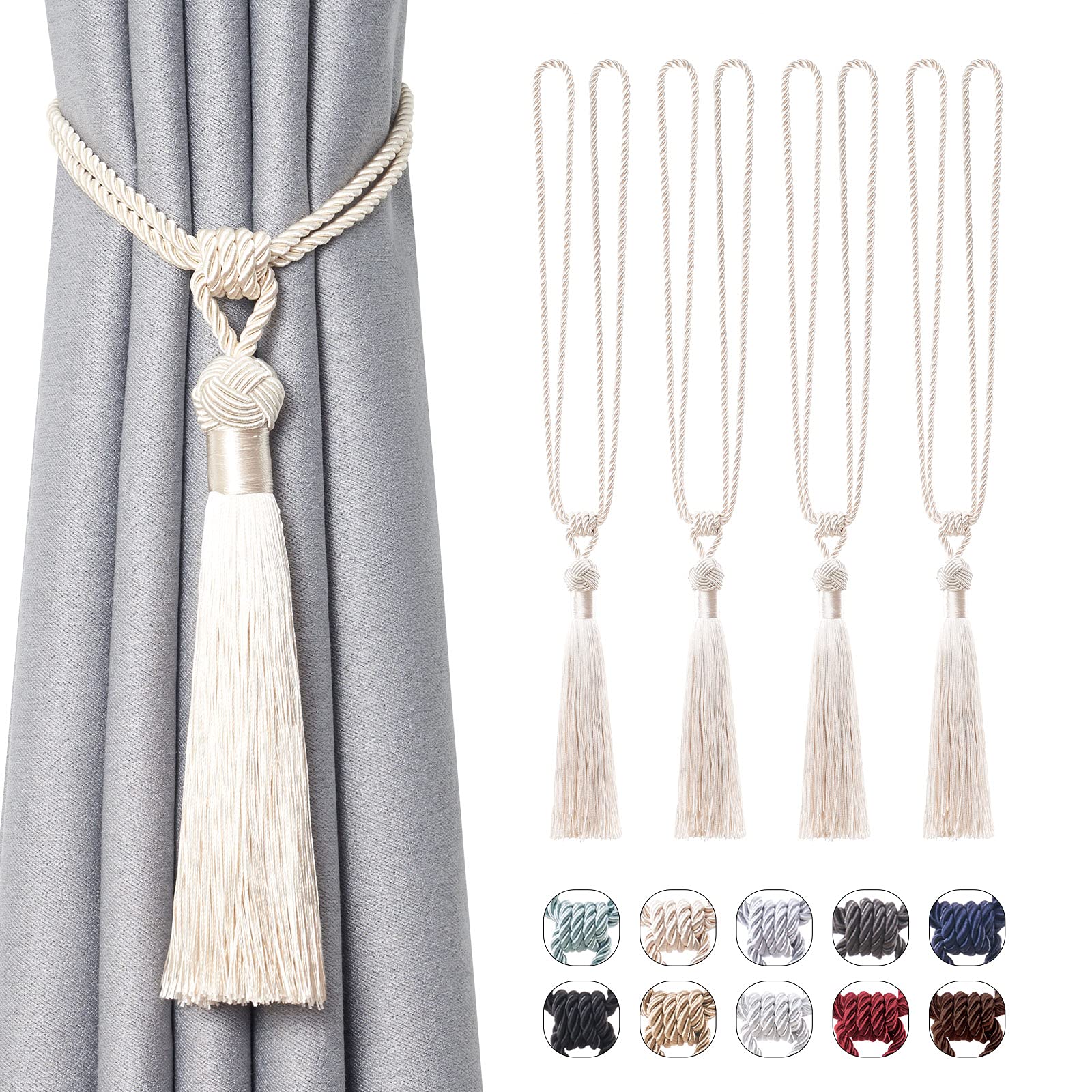 Pretty Jolly 4 Pack Long Tassel Curtain Tiebacks Handmade Braided Rope Knot Drape Tie Backs European Style Decorative Curtain Holdbacks for Home & Office Window Drapery (Beige)