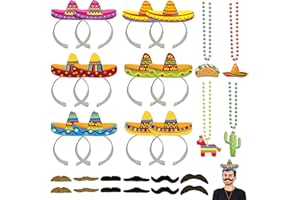 28 Pcs Mexican Fiesta Party Decorations, Sombrero Headbands Necklace Fake Mustache, Cinco de Mayo Party Decorations for Party
