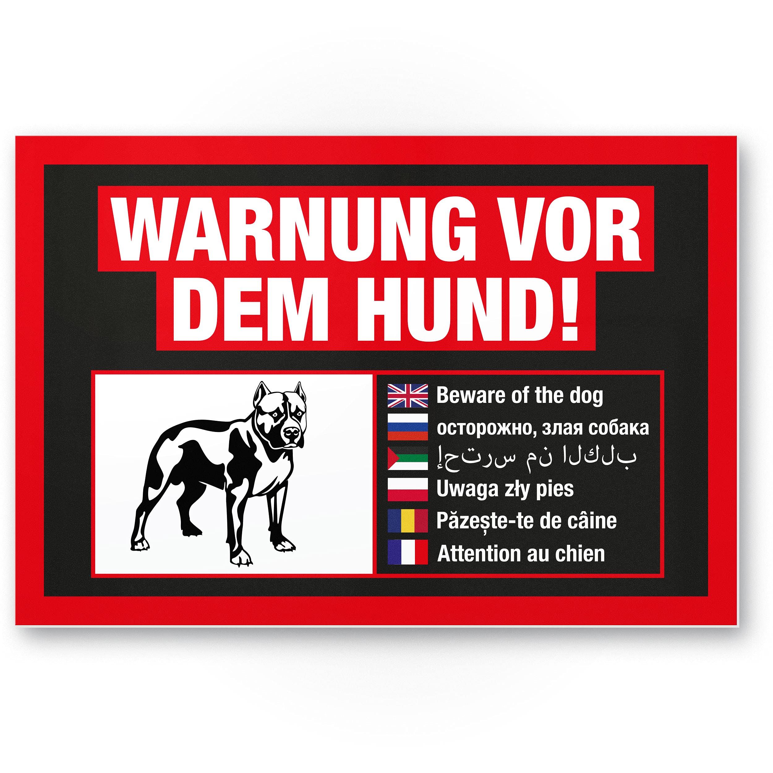 Warning for The Dog Plastic Sign Multilingual Black/Red Weatherproof Dog Sign Garden Gate, Entry Gate/Front Door, Door Sign Deterrent, Warning Sign Burglary Protection