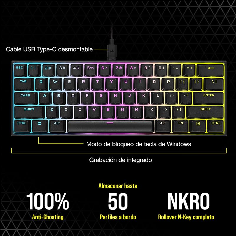 K65 RGB MINI Teclado Mecânico de Gaming 60% Ligado - Switches CHERRY MX RED - Teclados PBT Double-Shot - Compatível com iCUE - QWERTY ES - PC, Mac, Xbox - Preto