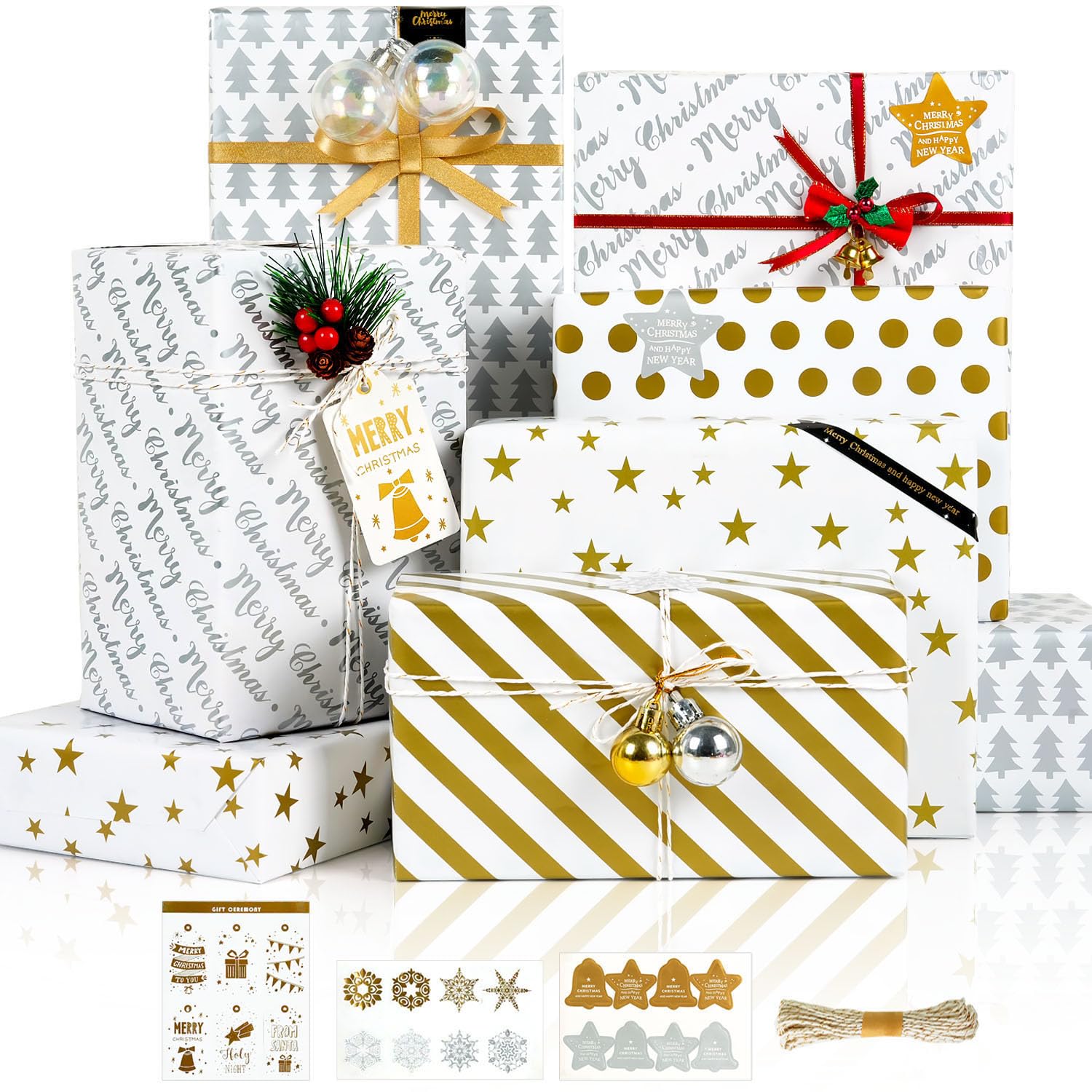 Christmas Wrapping Paper, 6 Sheets Gold and Silver Christmas Wrapping Paper Set for Women Men, Gift Wrap Paper for Xmas New Year Winter Birthday Holiday Party, 50 x70cm
