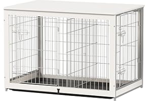 Piskyet Wooden Dog Crate Furniture with Divider Panel, Dog Crate End Table with Fixable Slide Tray, Double Doors Dog Kennel Indoor for Dogs(XL:43.2" L * 28.6" W * 30.3" H,White)