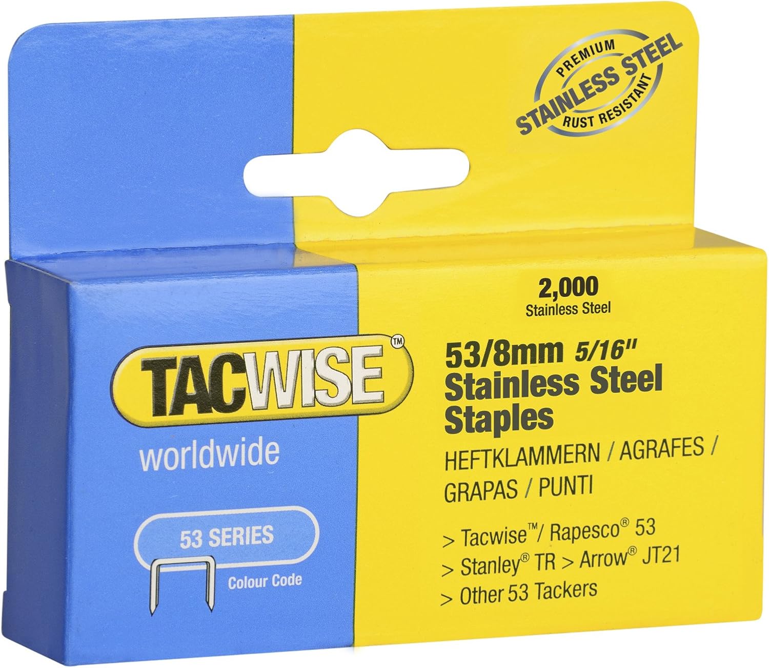 Tacwise 1269 Type 53 / 8 mm Stainless Steel Staples, Pack of 2000, Silver, 8mm