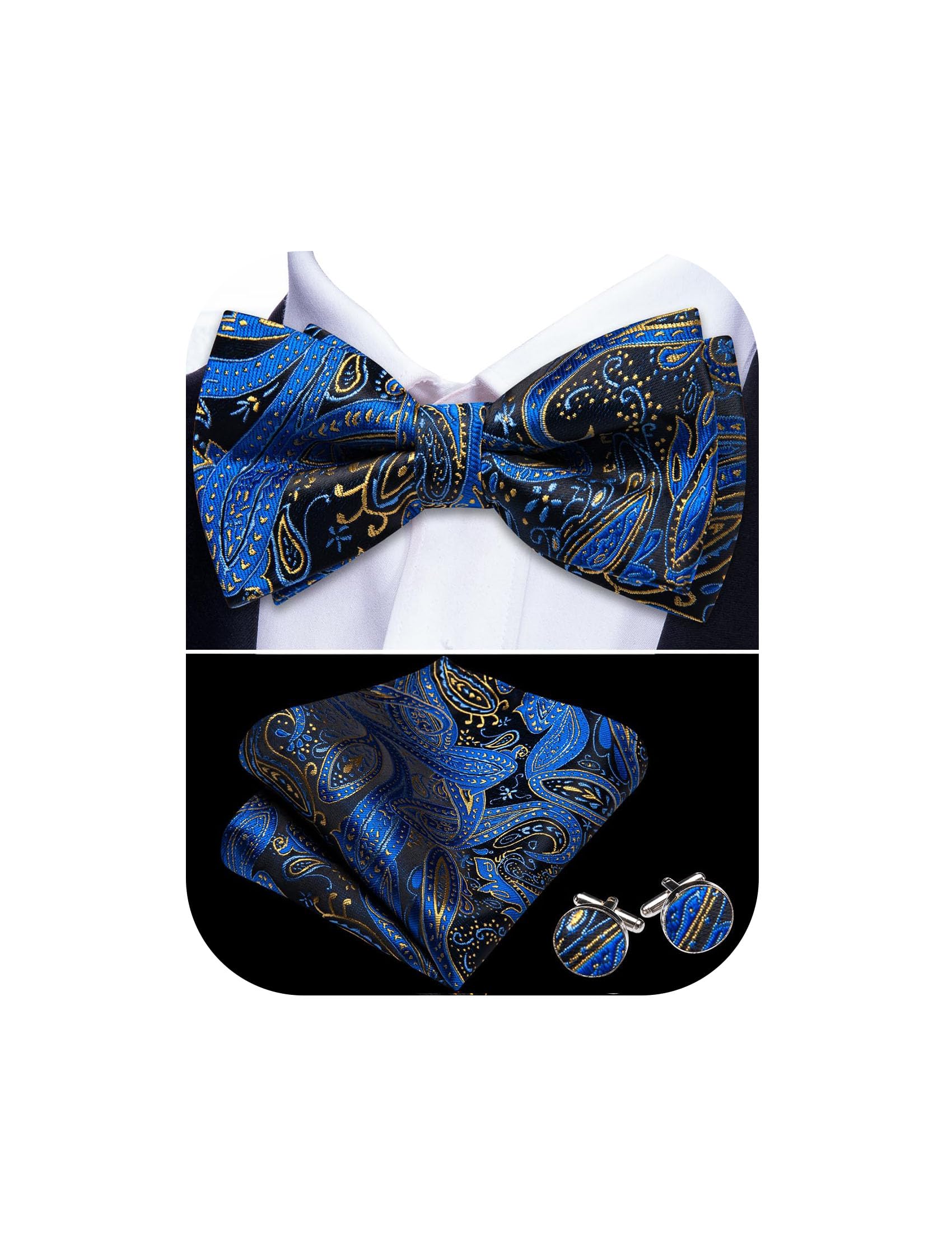 Blue Bow Ties Floral Pre-tied Paisley Handkerchief Cufflinks Set Wedding Party, Blue Paisley, One Size