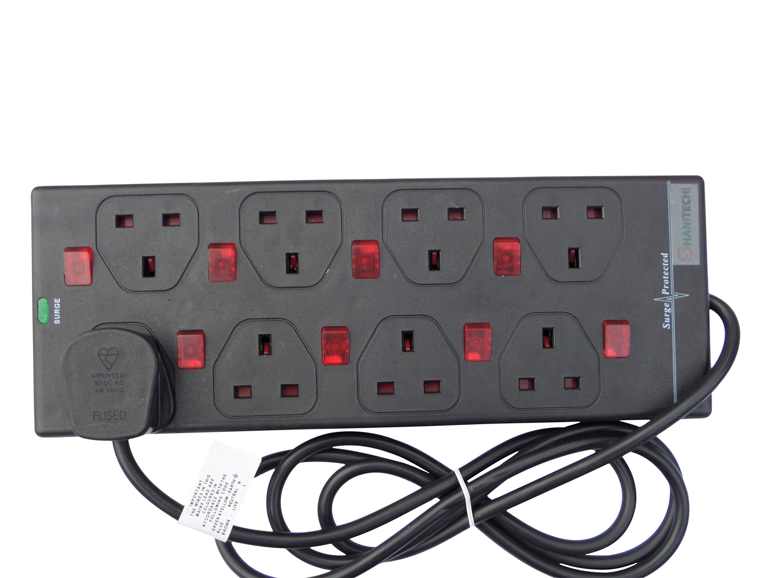 ShaniTech 2m 8 Gang Surge Protected Extension Lead Switched Neon 8 Way (Black)