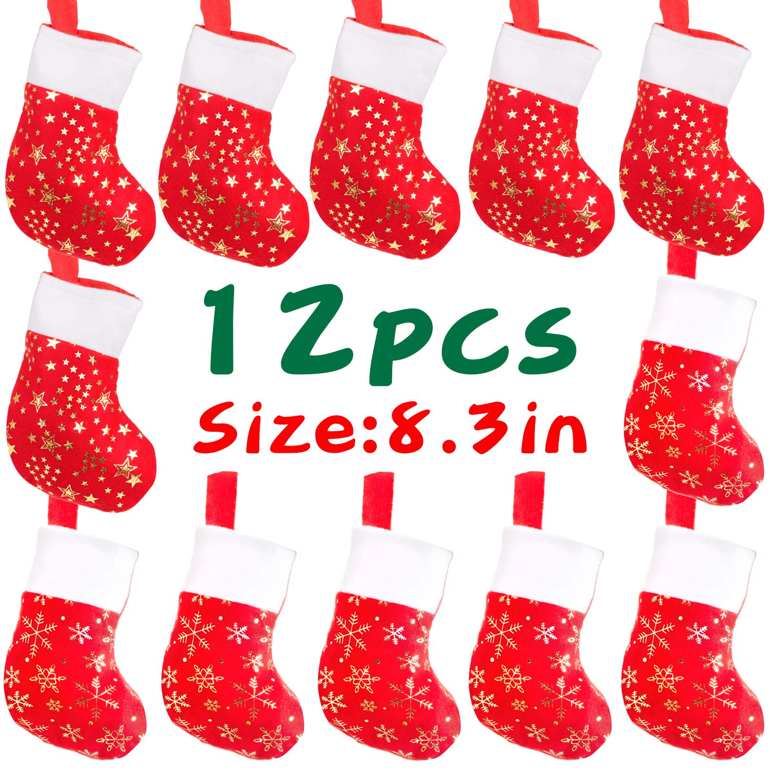 DERAYEE Christmas Mini Stockings,12 Pcs Felt Glitter Snowflake Stockings for Christmas Tree and Room Ornament Decoration and Gift Holder（8Inches）