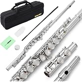 MoResolune Closed Hole C Flute 16 Key for Beginner Student Nickel Flute | with Carrying Case Stand Gloves Cleaning Cloth for School Band Instruments