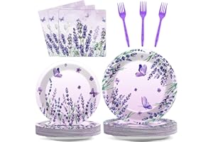 JUSTFORJOYFUL 96 Pcs Purple Party Supplies Lavender Paper Plates Napkins Watercolor Floral Cake Dessert Tableware Set Butterfly Dinnerware for Spring Summer Birthday Party Baby Shower Decoration Serve 24