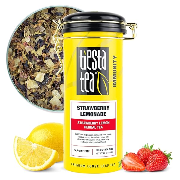 TIESTA TEA – STRAWBERRY LEMONADE, LOOSE LEAF, STRAWBERRY LEMON HERBAL TEA, PREMIUM NON-CAFFEINATED FRUIT BLEND, MAKE HOT OR ICED, BREWS UP TO 50 CUPS, 4 OUNCE REFILLABLE TIN