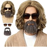 FATMAUI Mens Brown Curly Wig Medium Length Hair Synthetic Fiber with Beard and Glasses for Costume Cosplay wig