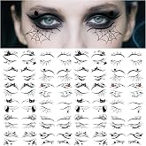 24 Pairs Halloween Eyeliner Temporary Tattoos for Adults, Face Eyes Fake Tattoos, Gothic Spooky Designs with Spiders Web, Bats, Cats, Skulls, Black