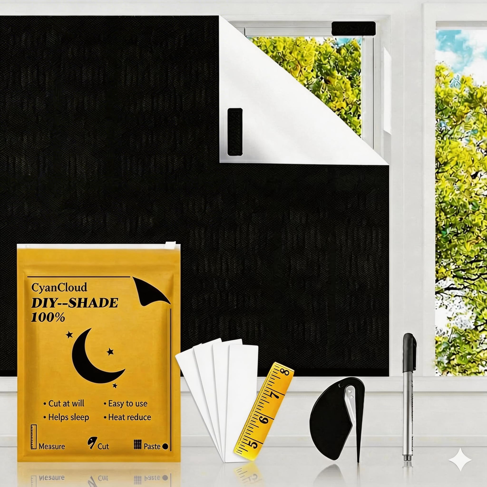 CyanCloud 200 * 145cm Temporary Blackout Blinds 100% 420D Black out Material Blackout Blinds Stick On, Cut To Size Lightweight Blackout Window Blinds for Bedroom Nursery Travel Car