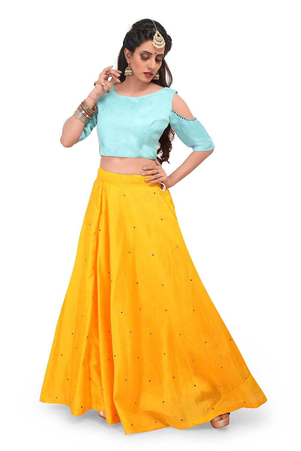 voolka yellow and turquoise women fully stitched lehenga choli with mirror