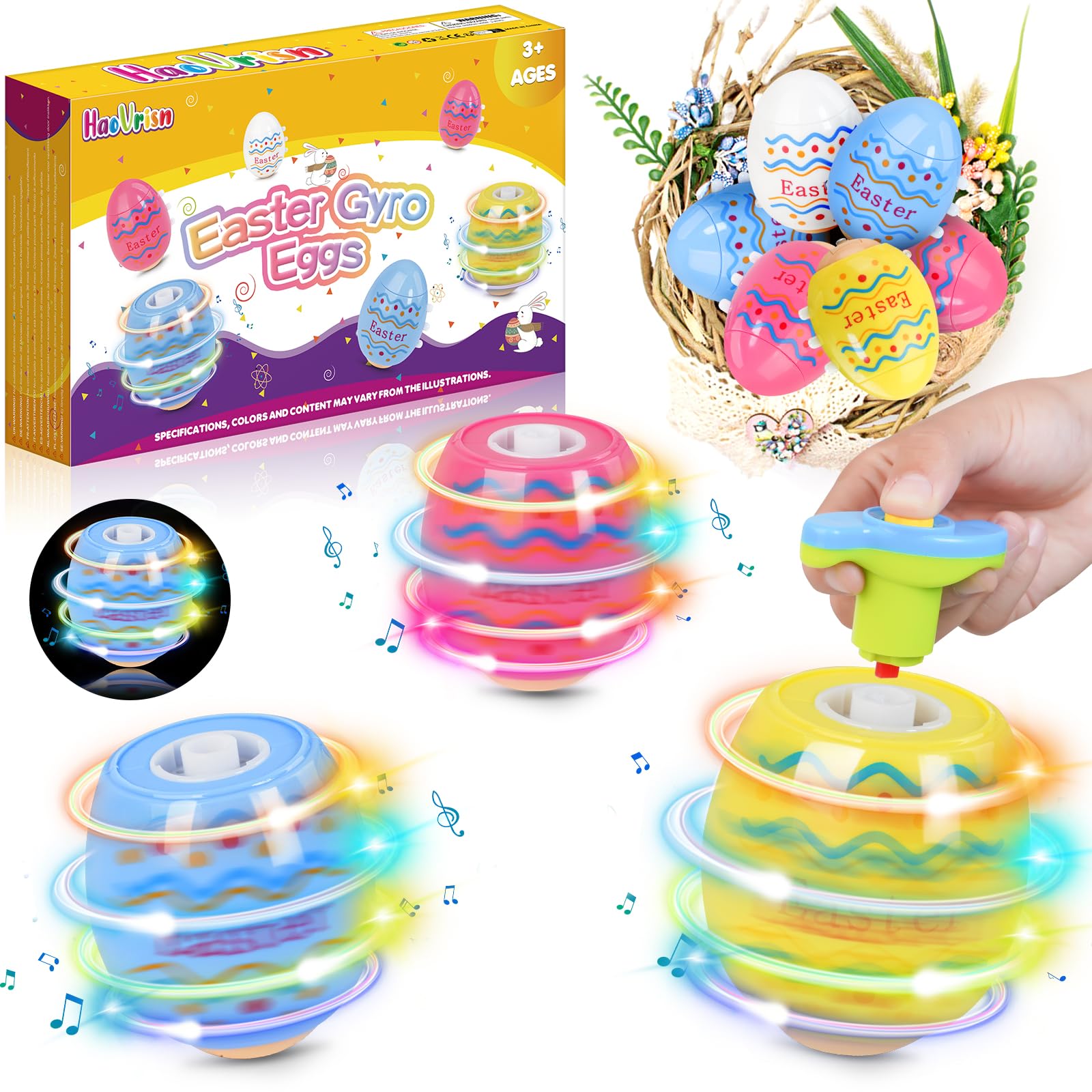 HaoVrisn Easter Gifts for Kids Aged 3 4 5 6 7 8 9 10 Year Old, 6 PCS Easter Spinning Eggs, Colouring Toys with Lights & Music, Easter Baskets Fillers for Kids, Small Easter Gifts for Boys Girls