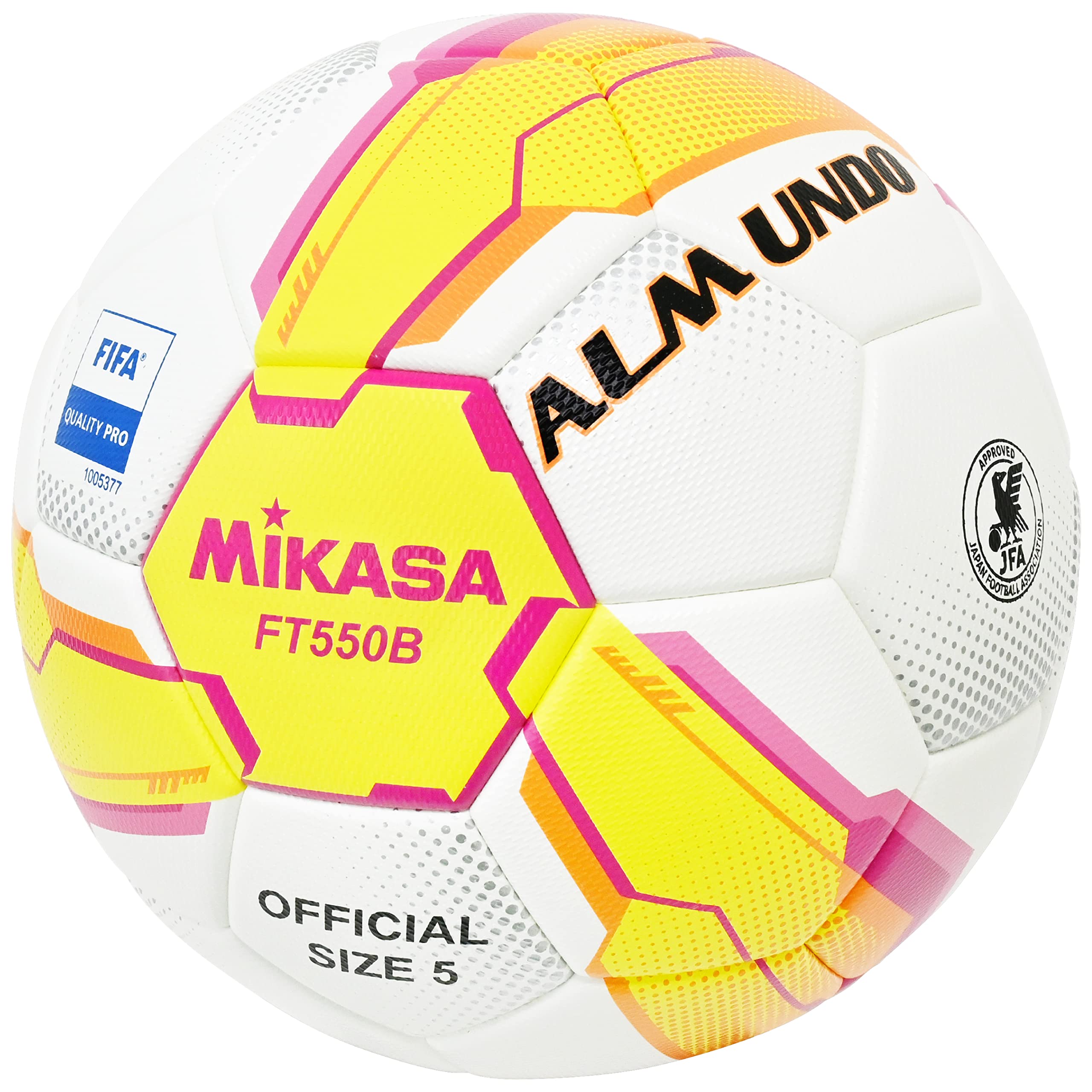 ミカサ(MIKASA) サッカーボール 5号球 日本サッカー協会 検定球 ALMUNDO(アルムンド) (一般・大学・高校生・中学生用) 貼り 黄/ピンク FT550B-YP-FQP 推奨内圧0.900(kgf/㎠)商品画像