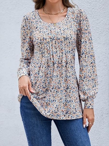 LICEMERE LONG SLEEVE SHIRTS FOR WOMEN FALL FASHION 2025 WOMENS TUNIC TOPS PLEATED CREW NECK PUFF SLEEVE BLOUSES DRESSY CASUAL (FLORAL WHITE,L)