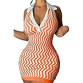 Ryehack Women’s Summer Halter Dress Backless Sundress Striped V Neck Bodycon Mini Beach Dress Y2k Sexy Casual Tank Dress