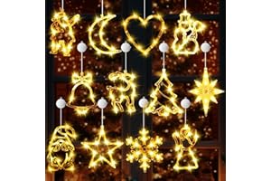 Tujoe 12 Pcs Christmas Window Lights Decorations Light up Window Silhouette Lights with Timer Suction Cup Battery Operated for Xmas New Year Home Wall Fireplace Party Decor(Christmas Set,Warm White)